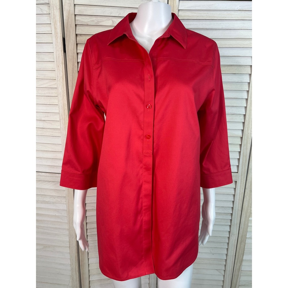 Chicos No-Iron Red Button Down Tunic Top 3/4 Sleeve Size 1 Medium Office Classic
